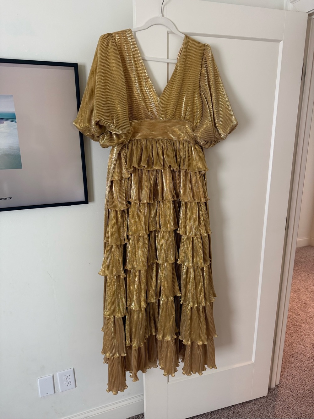 MARBLE Gold Metallic Tiered V-Neck Maxi Dress